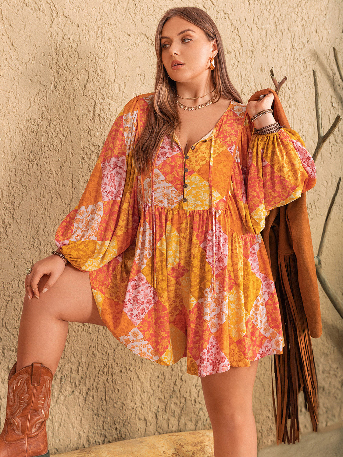 Floral Tie Neck Balloon Sleeve Romper –