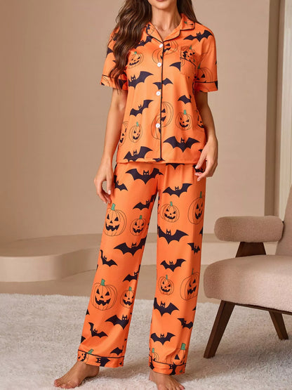 Halloween Pumpkin & Bat Print Button-Down Lounge Set