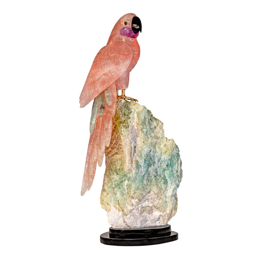 Rose Quartz Macaw with Amethyst Cheeks on Blue & Green Aquamarine Specimen with Black Base – Home Decor > Sculptures
