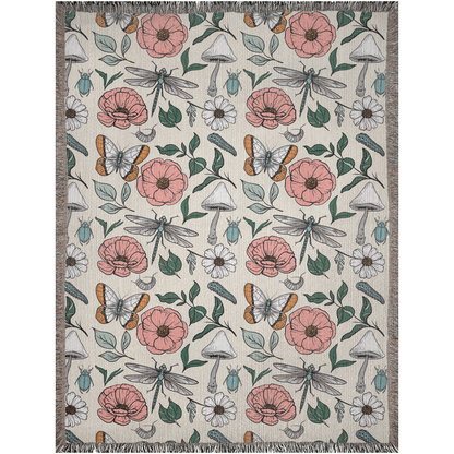 Insects and flowers woven blanket. Pink Flowers, Green Leaves Plants, White Mushrooms and Insects. Cute Mothers Day gift.