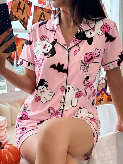 Halloween Ghost Print Lounge Set – Button-Down Top & Shorts
