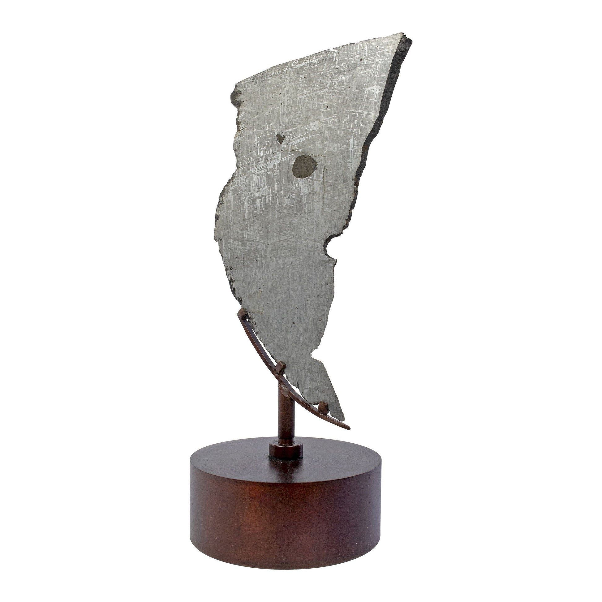 Muonionalusta Meteorite Slice with Troilite Inclusion on Steel Spinner Stand –