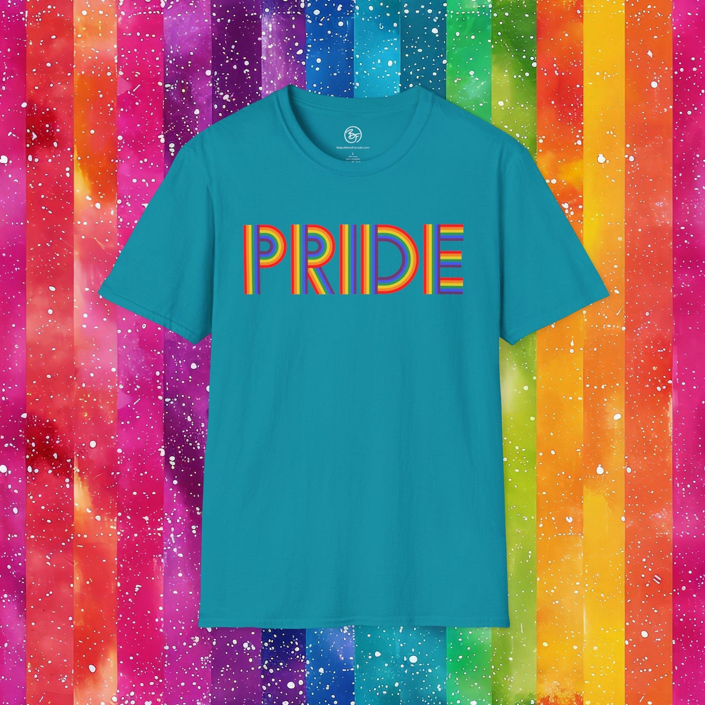 Bespattered Facade Rainbow Pride Ribbon Letters Unisex Softstyle T-Shirt