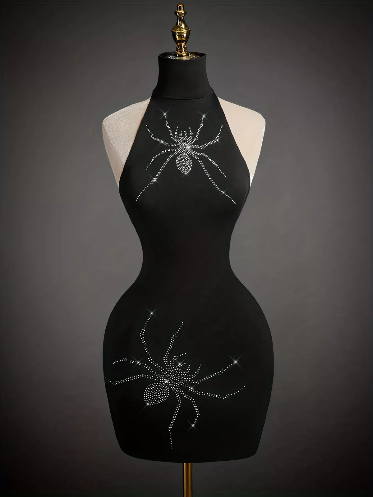 Black Rhinestone Spider Halter Bodycon Dress