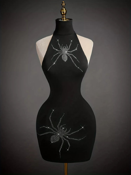 Black Rhinestone Spider Halter Bodycon Dress