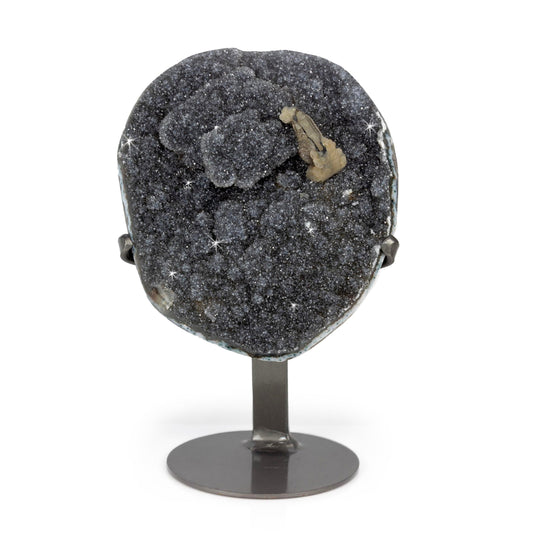 Basalt Druze Plaque on a Fitted Stand with Calcite Druze Cluster and Druze Bulge –