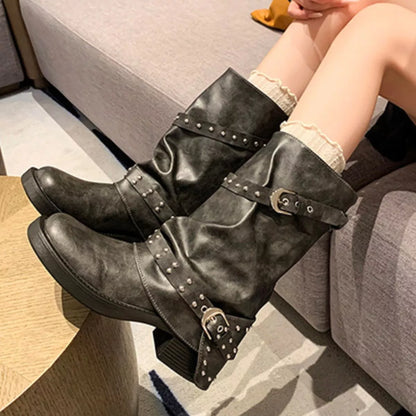 Round Toe Low Block Heel Boots