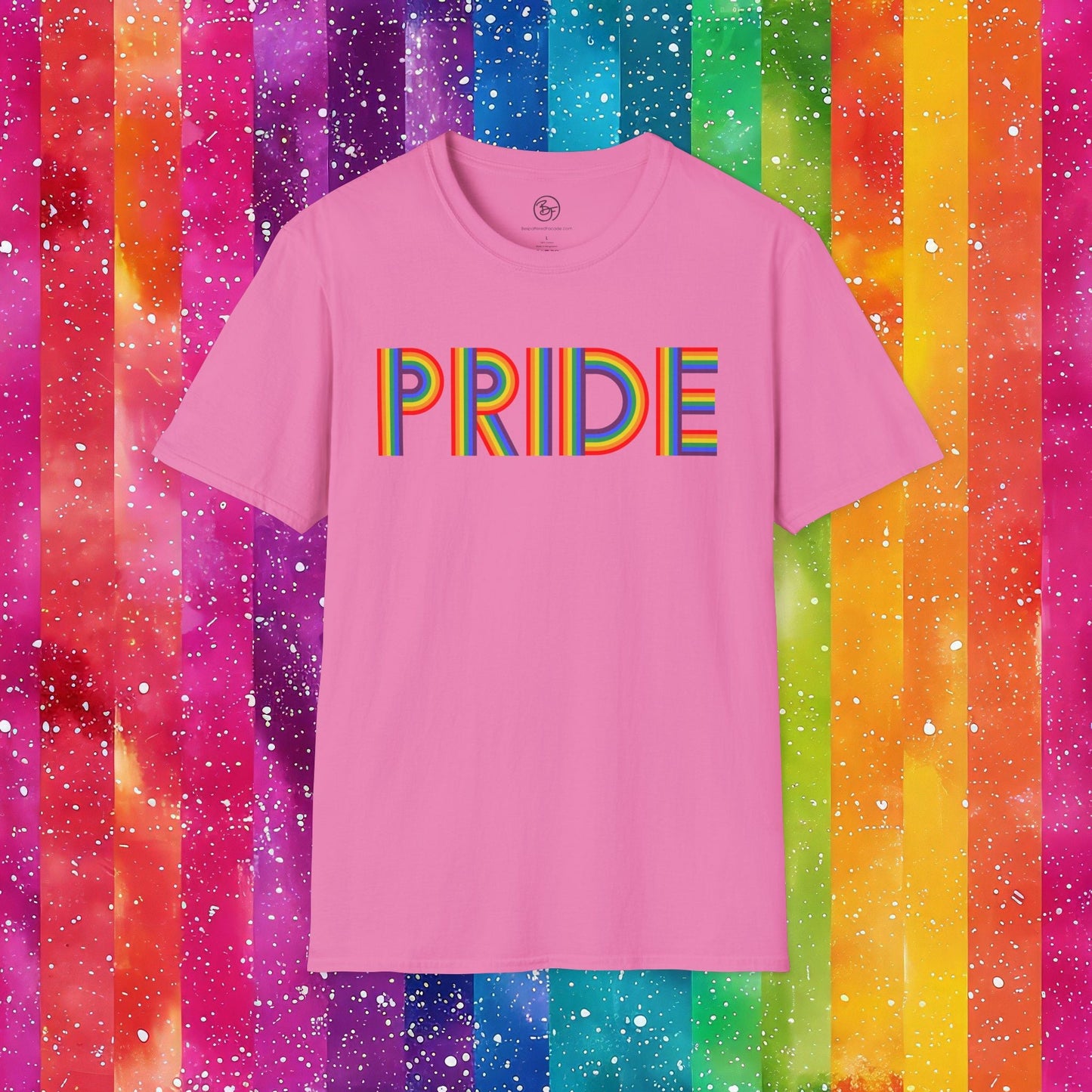 Bespattered Facade Rainbow Pride Ribbon Letters Unisex Softstyle T-Shirt