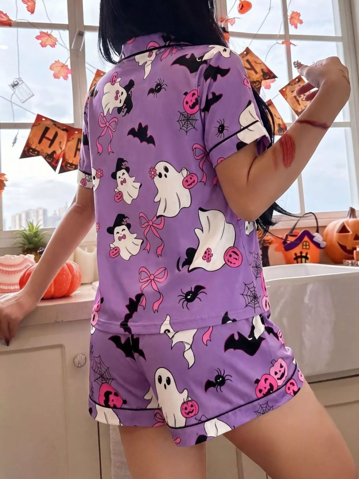 Halloween Ghost Print Lounge Set – Button-Down Top & Shorts