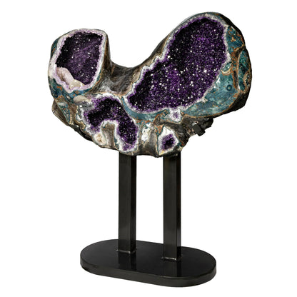 Amethyst Multi-Vug Geode with Calcite - Custom Steel Stand – Crystals & Geodes