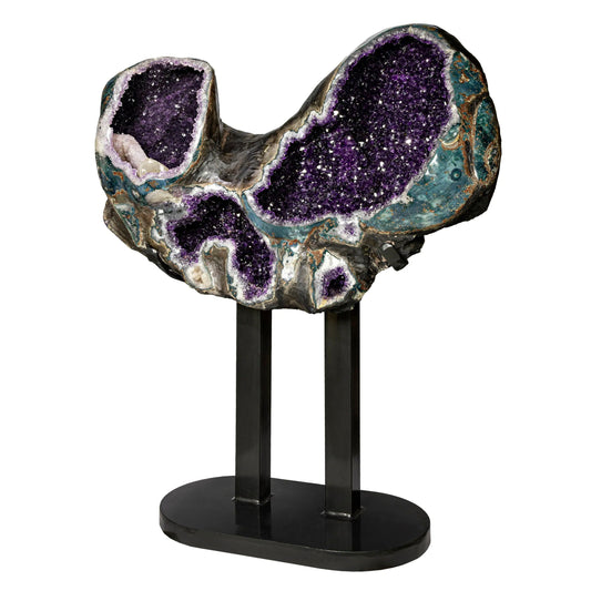 Amethyst Multi-Vug Geode with Calcite - Custom Steel Stand – Crystals & Geodes