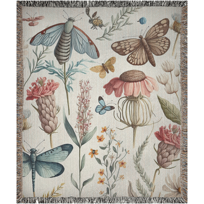 Wildflowers And Moth, Dragonfly And Butterflies Woven Blankets. Spring blanket. Woven throw blanket for gardener, big lover or plant lover.