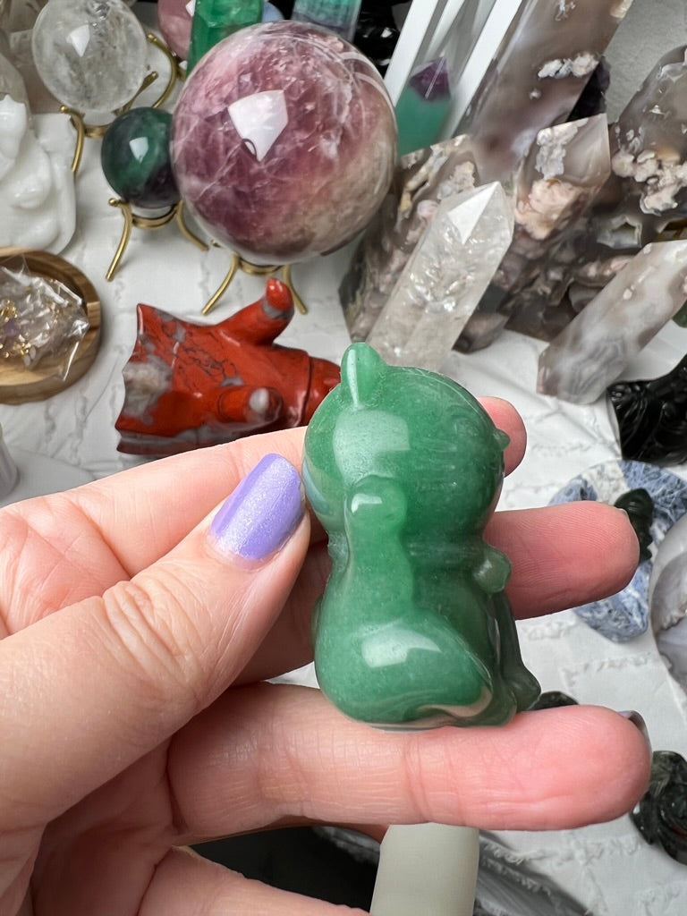 Crystal Lucky Cat Carving | Green Aventurine & Rose Quartz