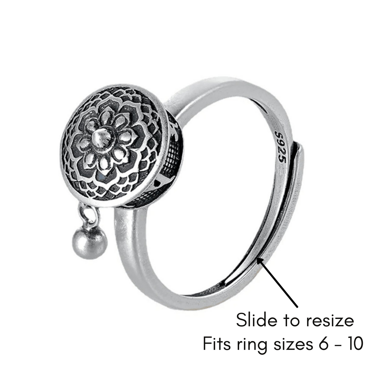 Instant Calm Sterling Silver Spinner Ring | Adjustable Lotus Prayer Wheel