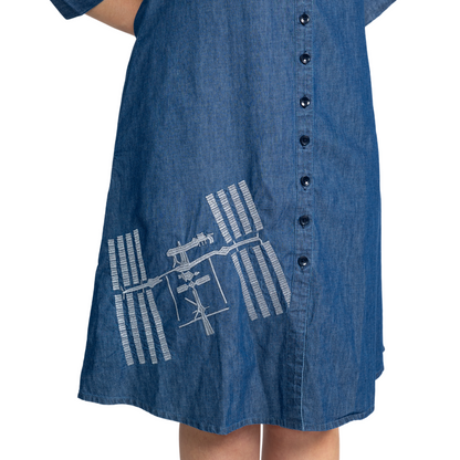 ISS Embroidery 3/4th Sleeves Button-Up Denim Dress