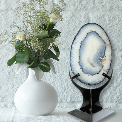 Agate Slice with Dark Blue Bands & Natural Egg Shape - Double-Sided Polish in Custom Crescent Stand –