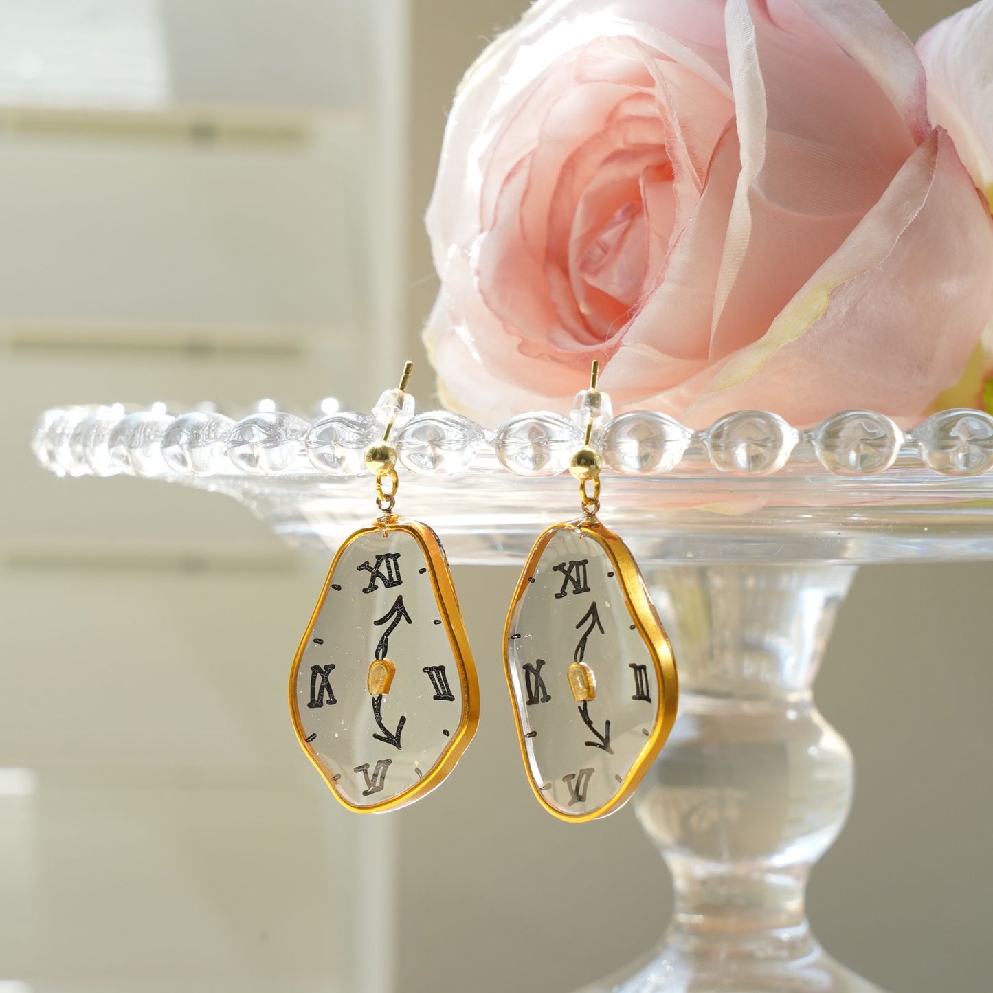 XL Melting Clocks Dangle Earrings | Hand-painted Dali's Soft Watches Earrings | Resin 925 Silver Modern Art Fun Earrings
