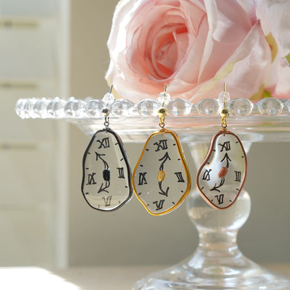 XL Melting Clocks Dangle Earrings | Hand-painted Dali's Soft Watches Earrings | Resin 925 Silver Modern Art Fun Earrings