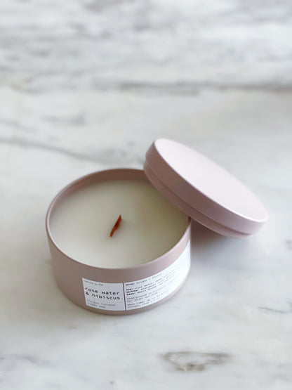 ROSE WATER & HIBISCUS | VIRGIN COCONUT CRÈME WAX & WOODEN WICK TRAVEL CANDLE