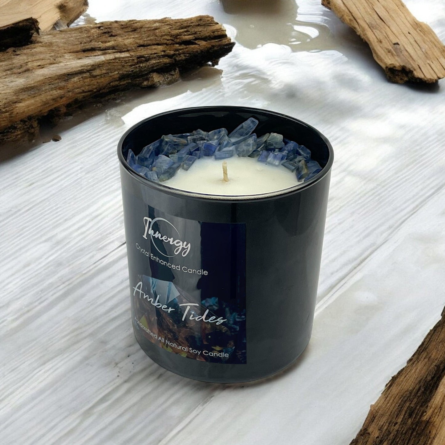 Amber Tides Crystal Candle with Kyanite | Coconut-Soy Wax Candle, 9oz – Crystal Candle