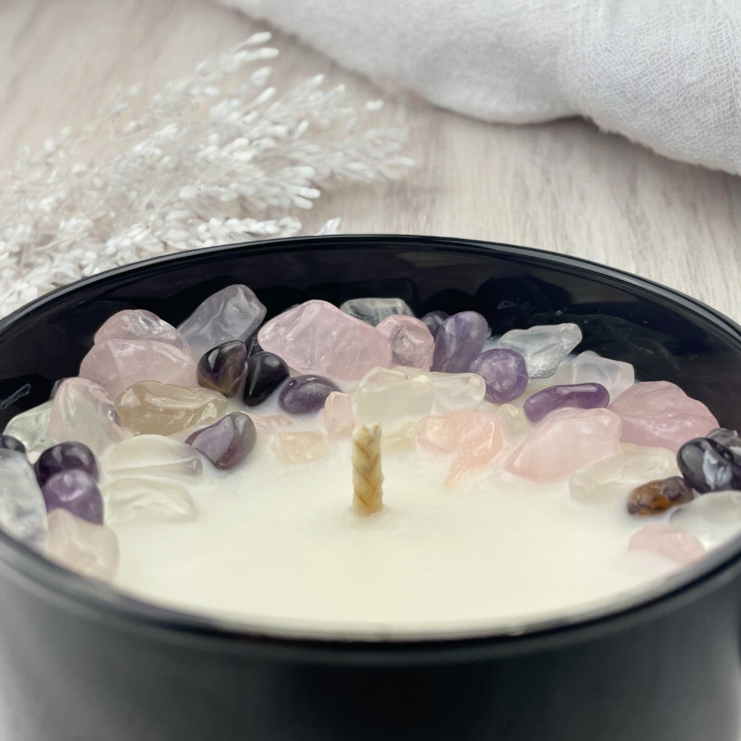 Orchid Seascape Crystal Candle with Amethyst, Rose, and Quartz | Coconut-Soy Wax Candle, 9oz