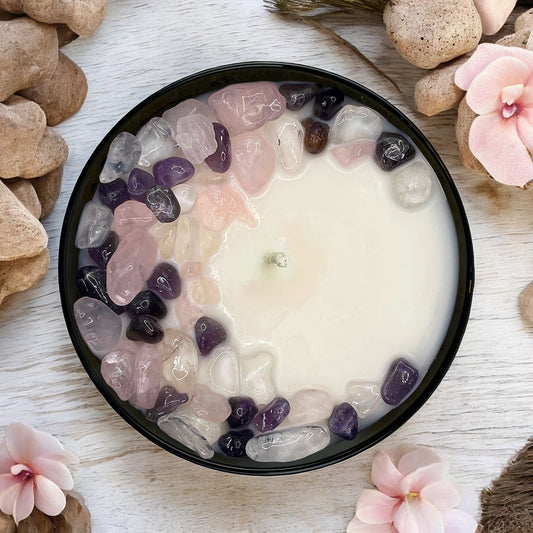 Orchid Seascape Crystal Candle with Amethyst, Rose, and Quartz | Coconut-Soy Wax Candle, 9oz