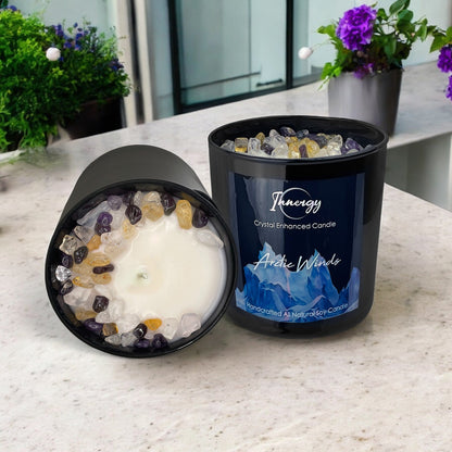 Arctic Winds Crystal Candle with Citrine, Amethyst, & Quartz | Coconut-Soy Wax Candle, 9oz – Crystal Candle