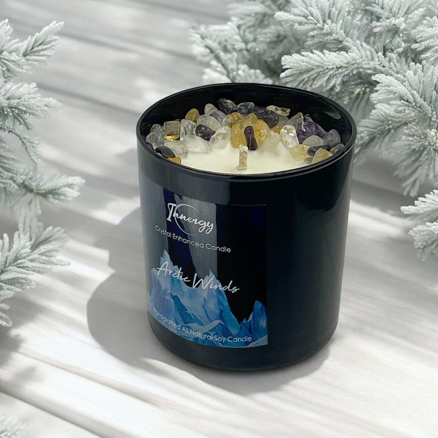 Arctic Winds Crystal Candle with Citrine, Amethyst, & Quartz | Coconut-Soy Wax Candle, 9oz – Crystal Candle
