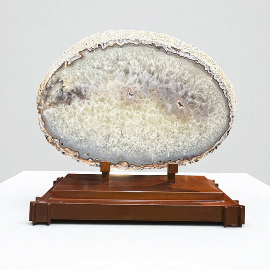 Pink Druze Agate Slice on Copper Patina Stand –