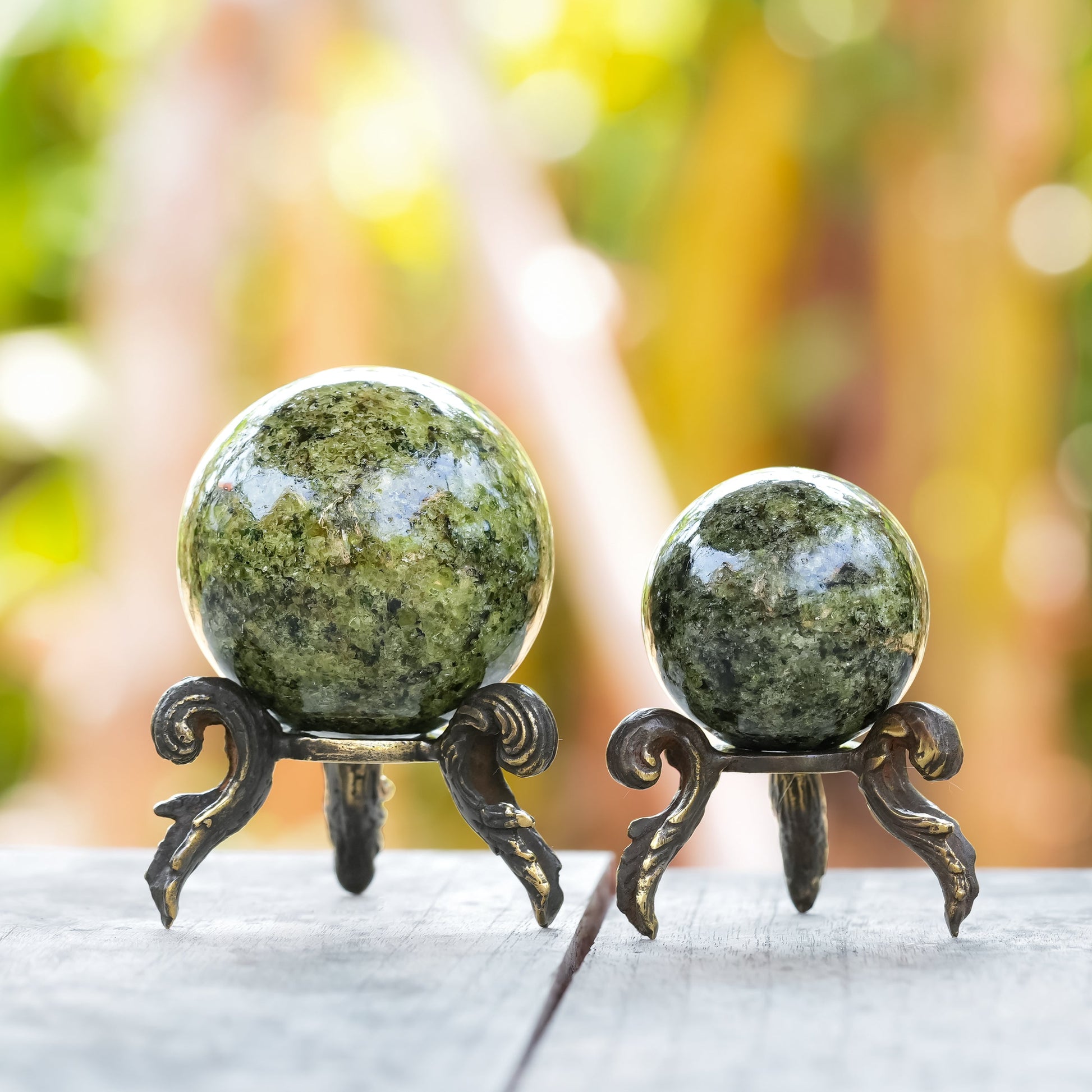 Starborn Arizona Peridot Sphere with Brass Decorative Display Stand – RP - Regular Price