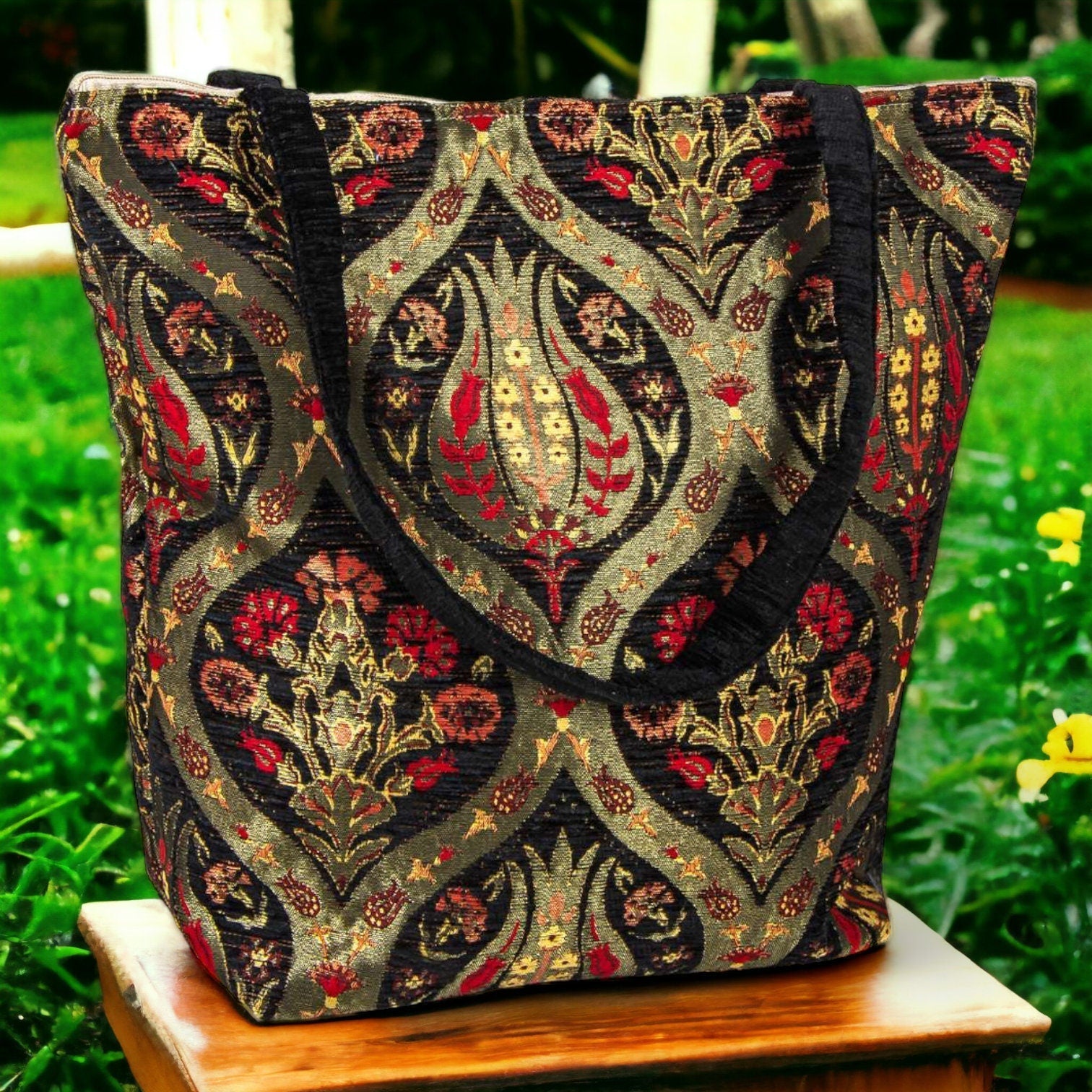 Authentic Kilim Fabric Ottoman Design Purse with Handles, Turkish Carpet, Beach Bag, Tote, Reusable Shopping Bag -- Black/Gold/Red –