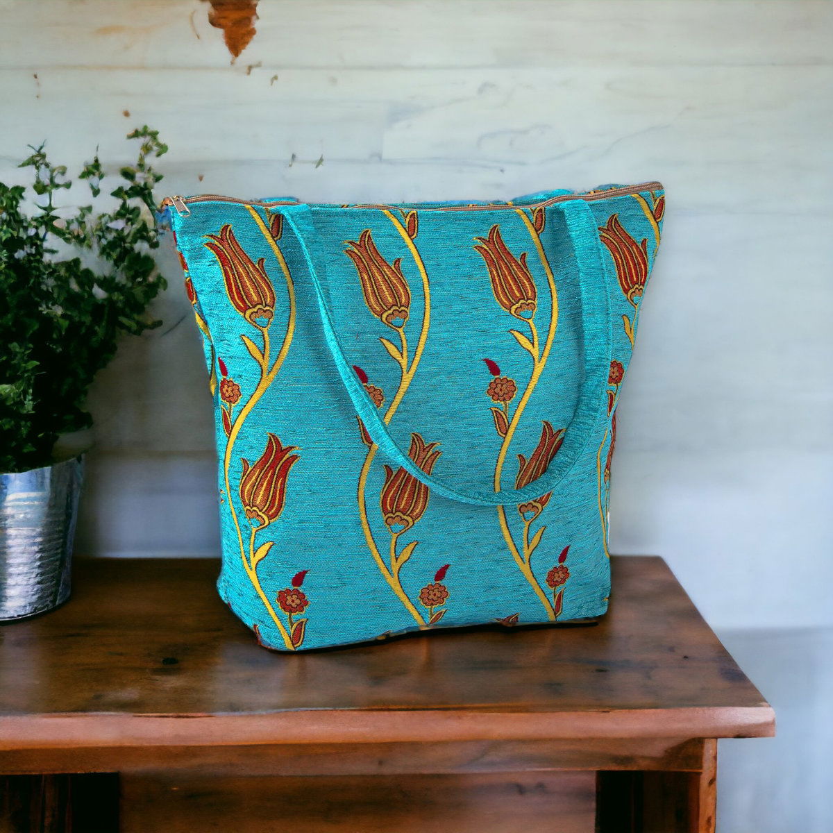 Authentic Kilim Fabric Ottoman Tulips Design Purse with Handles, Turkish Carpet, Beach Bag, Tote, Reusable Shopping Bag -- Turquoise/Gold –