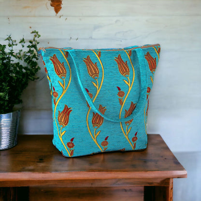 Authentic Kilim Fabric Ottoman Tulips Design Purse with Handles, Turkish Carpet, Beach Bag, Tote, Reusable Shopping Bag -- Turquoise/Gold –