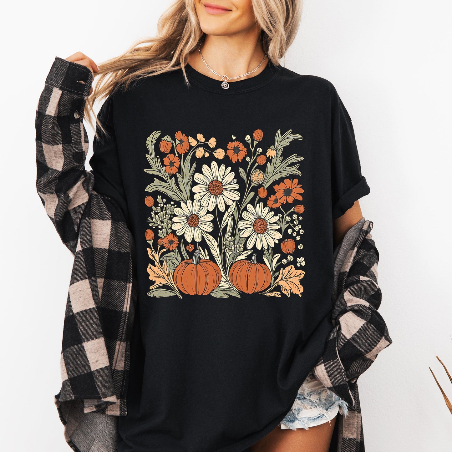 Autumn Botanical, Floral, Flowers, Pressed Flowers, Pumpkins, Thanksgiving Tshirt Comfort Colors T-Shirt