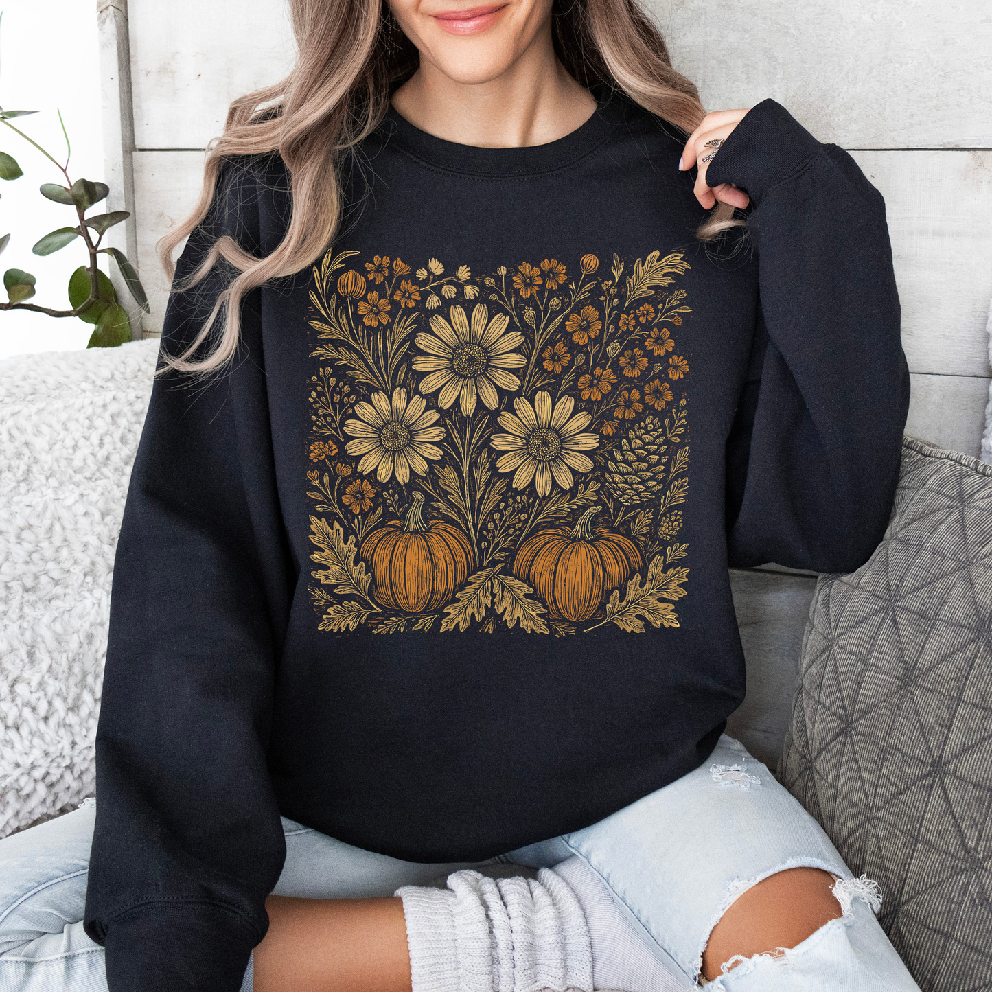 Autumn Wildflowers Minimalist Gorgeous Fall Pumpkin Botanical Cozy Autumnal Sweatshirt