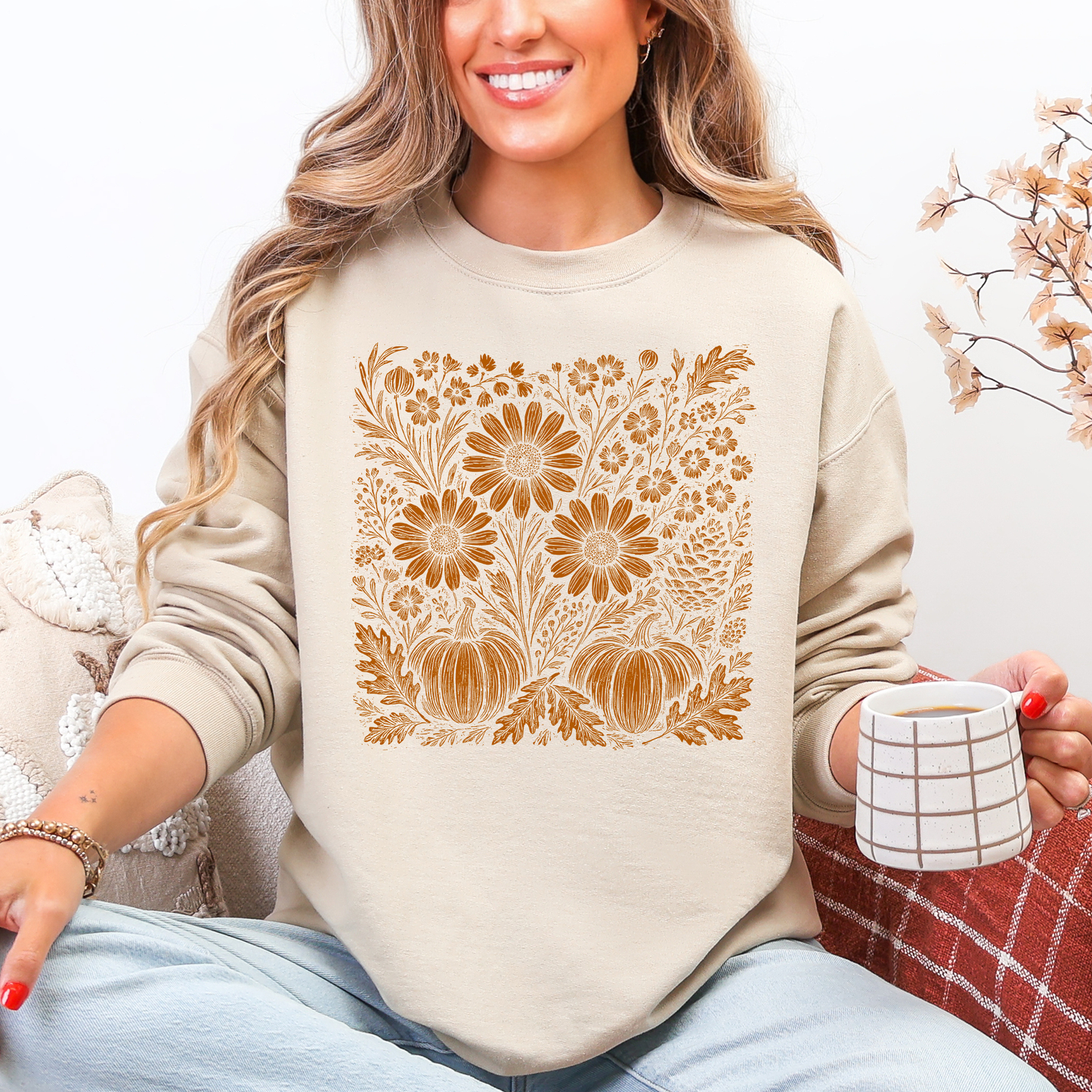 Autumn Wildflowers Minimalist Gorgeous Fall Pumpkin Botanical Cozy Autumnal Sweatshirt