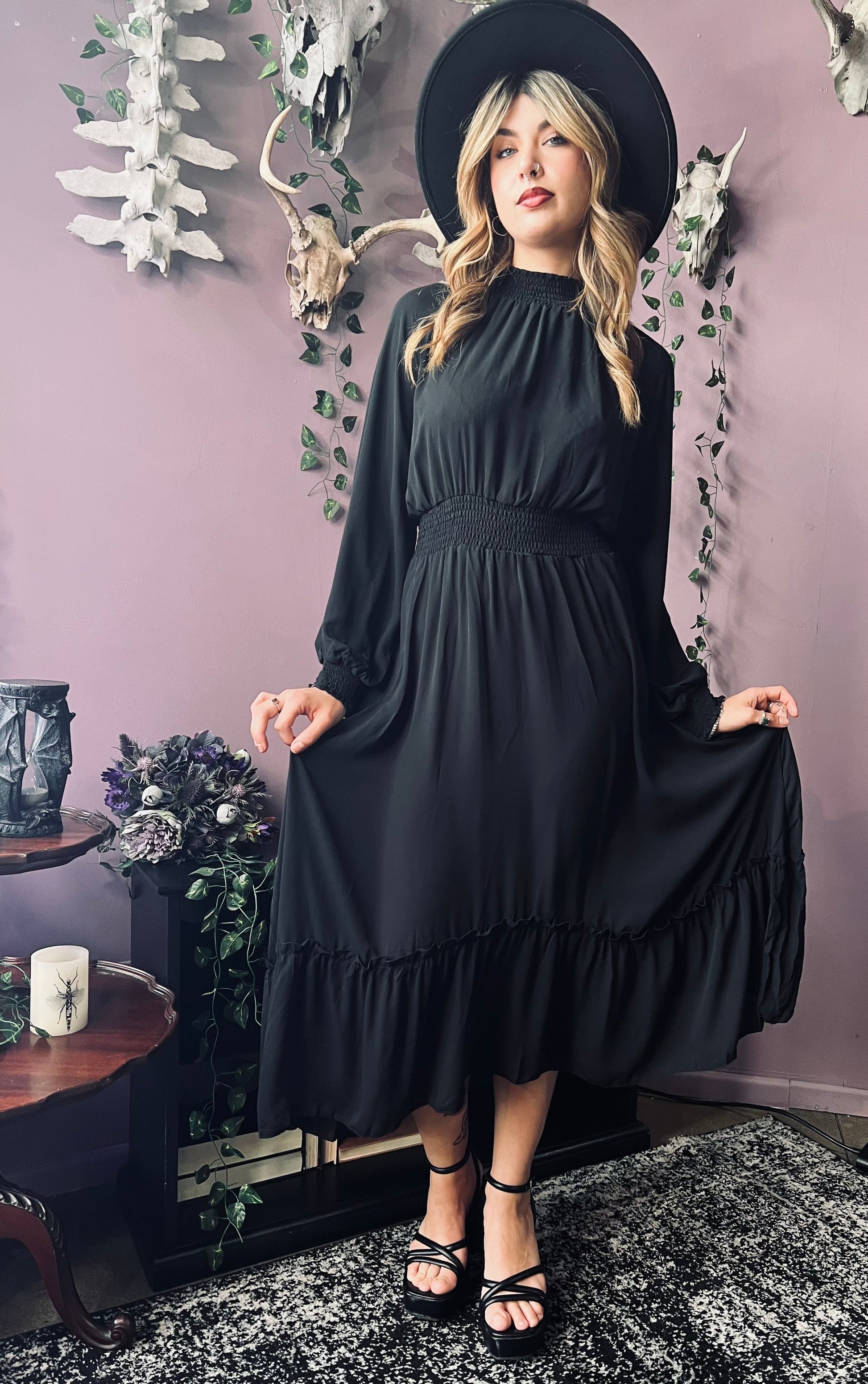 Classic Boho Shirred Black Dress Moon Water Apothecary Classic Boho Shirred Black Dress Moon Water Apothecary