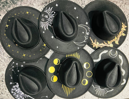 Vegan Felt Hat - XL Brim - Celestial Sun & Moon