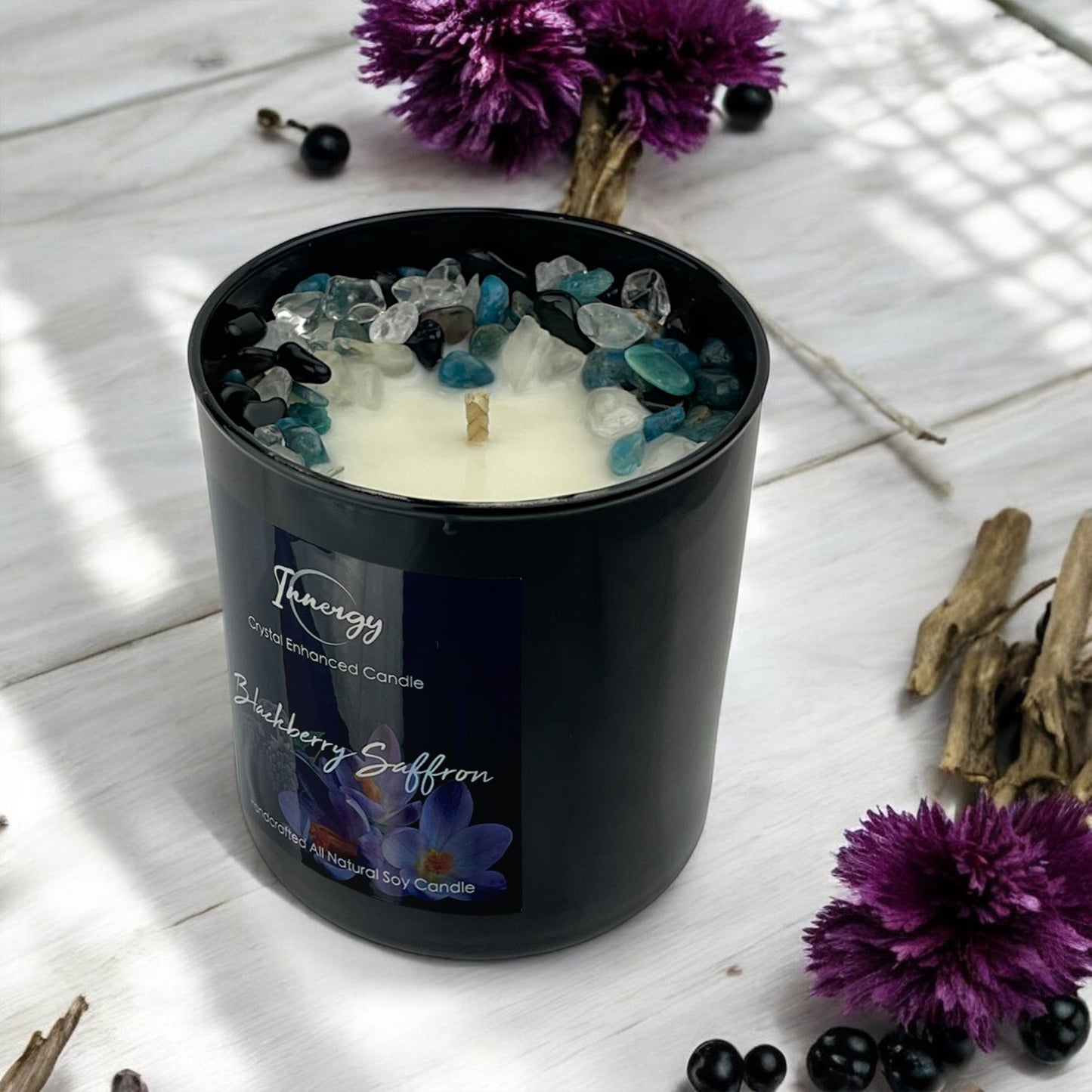 Blackberry Saffron Crystal Candle with Obsidian, Blue Apatite, & Quartz | Coconut-Soy Wax Candle, 9oz