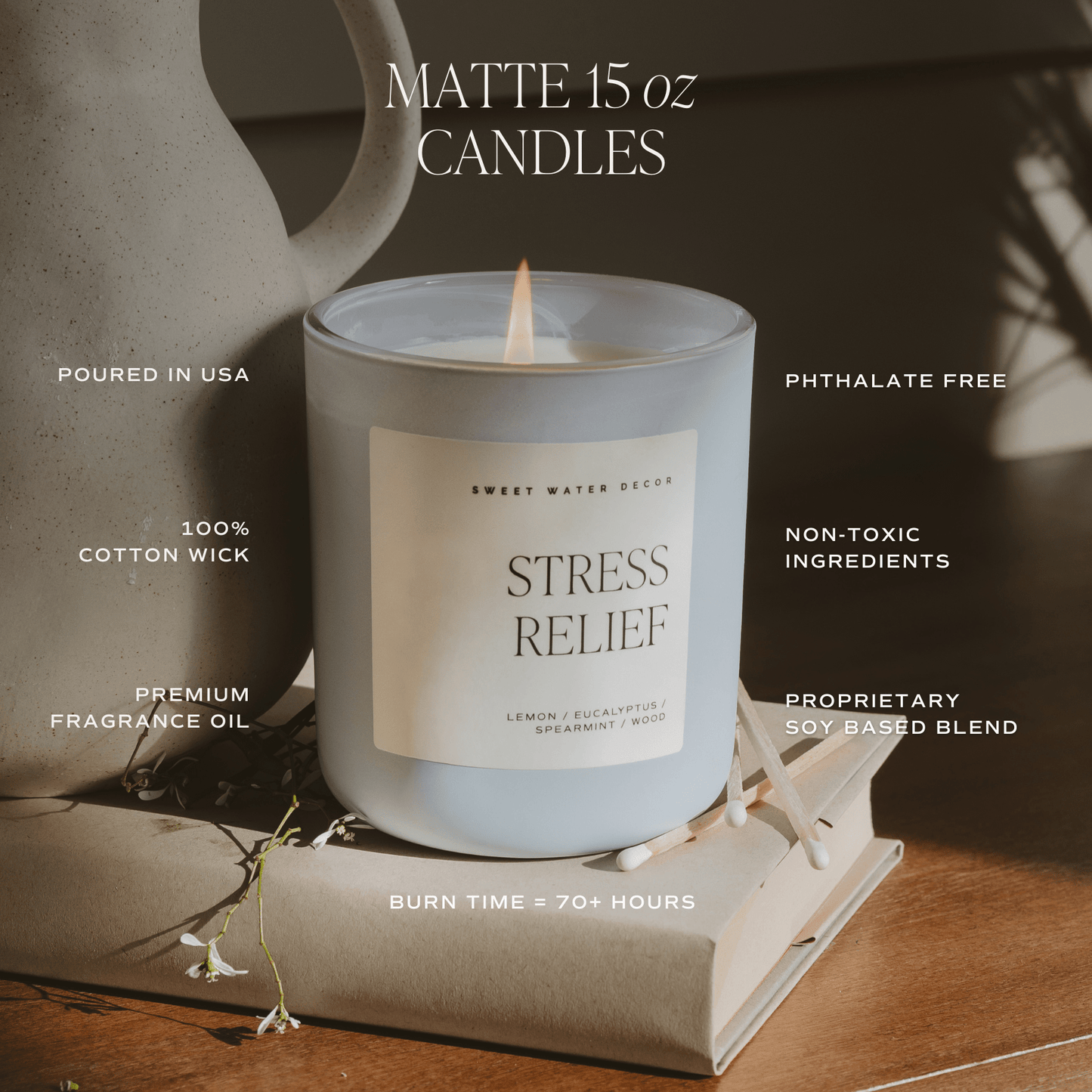 Stress Relief Soy Candle - Blue Matte Jar - 15 oz