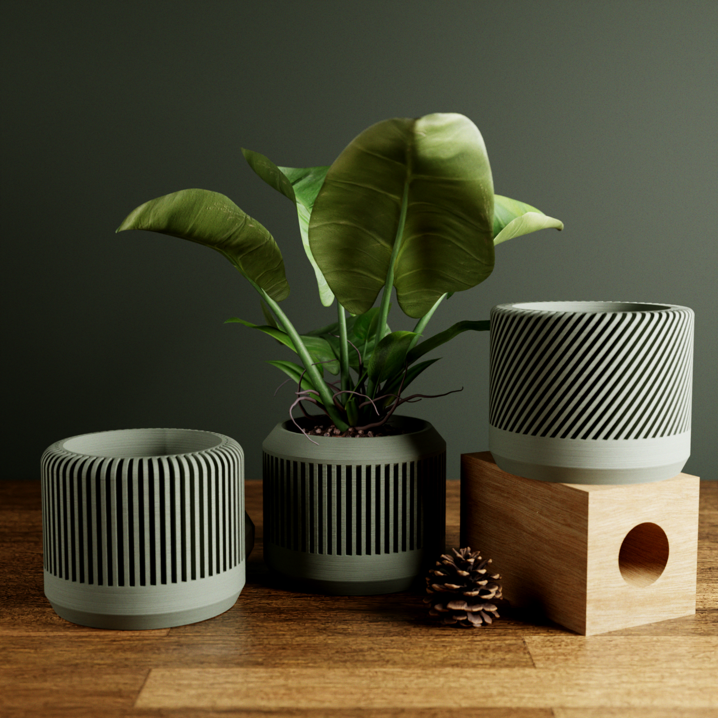 BAMBOO Planter Set | Modern Minimalist Plant Pot with Saucer – Muted Green Planter