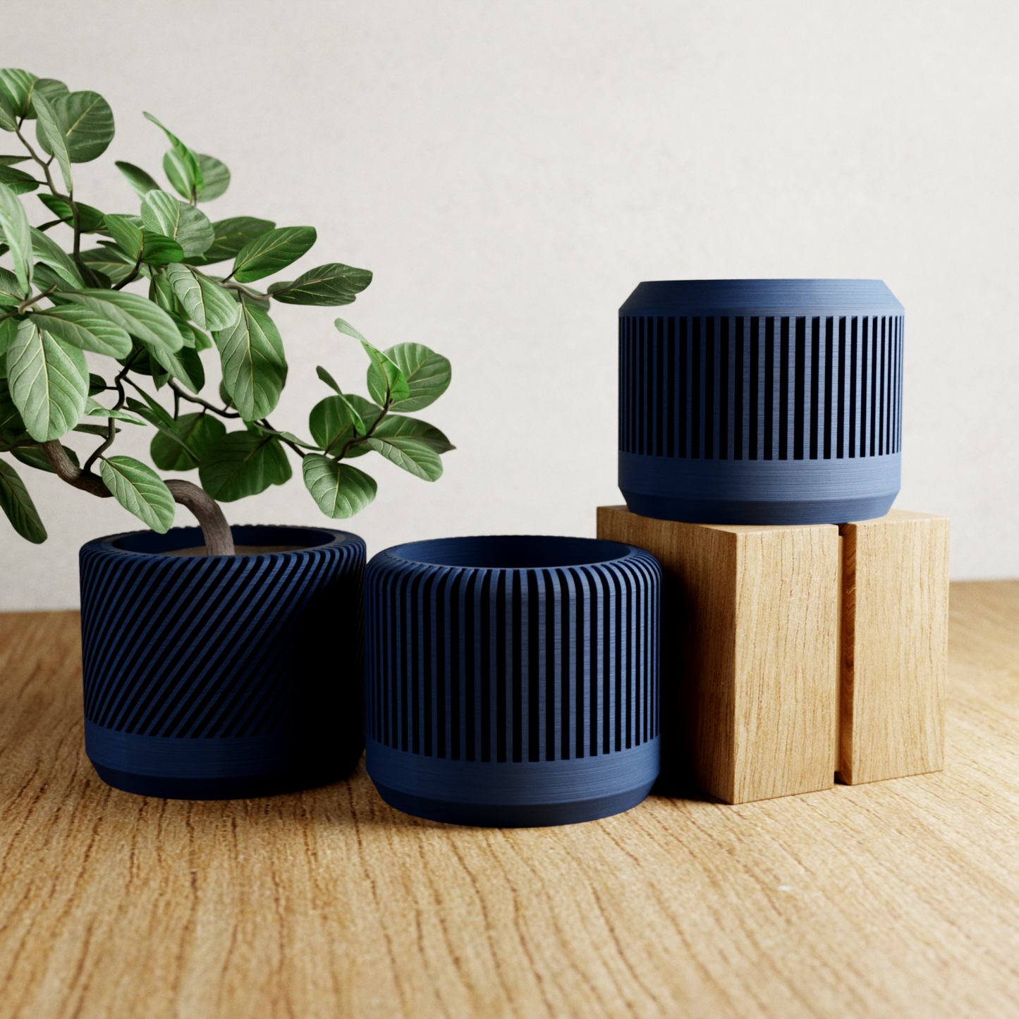 BAMBOO Planter Set | Modern Minimalist Plant Pot with Saucer – Navy Blue Planter