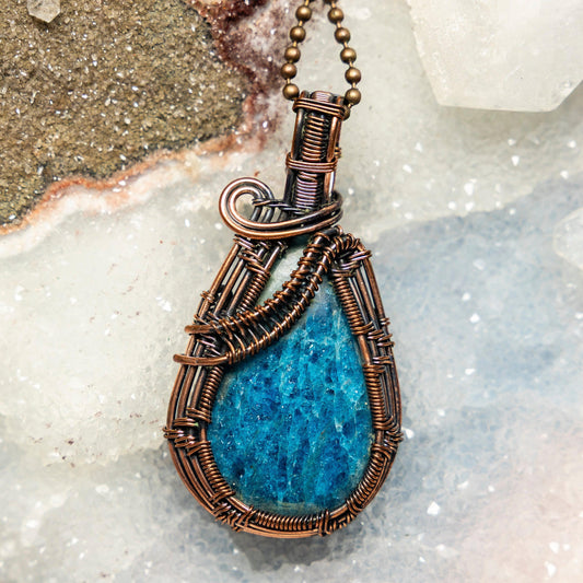 Blue Apatite Wire Wrap Crystal Pendant
