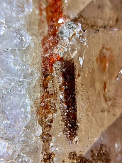 Calcite with Quartz Druse, Amethyst & Orange Iron-Oxide Veins –