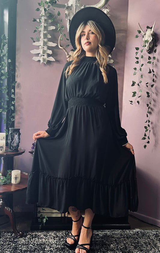 Classic Boho Shirred Black Dress