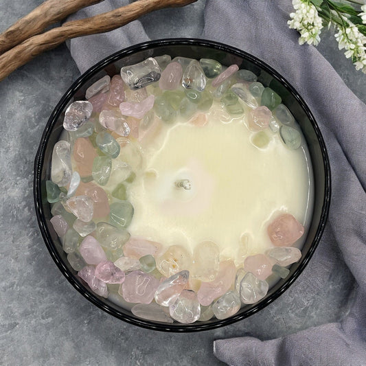 Moonlight Garden Crystal Candle with Fluorite, Rose, & Quartz | Coconut-Soy Wax Candle, 9oz