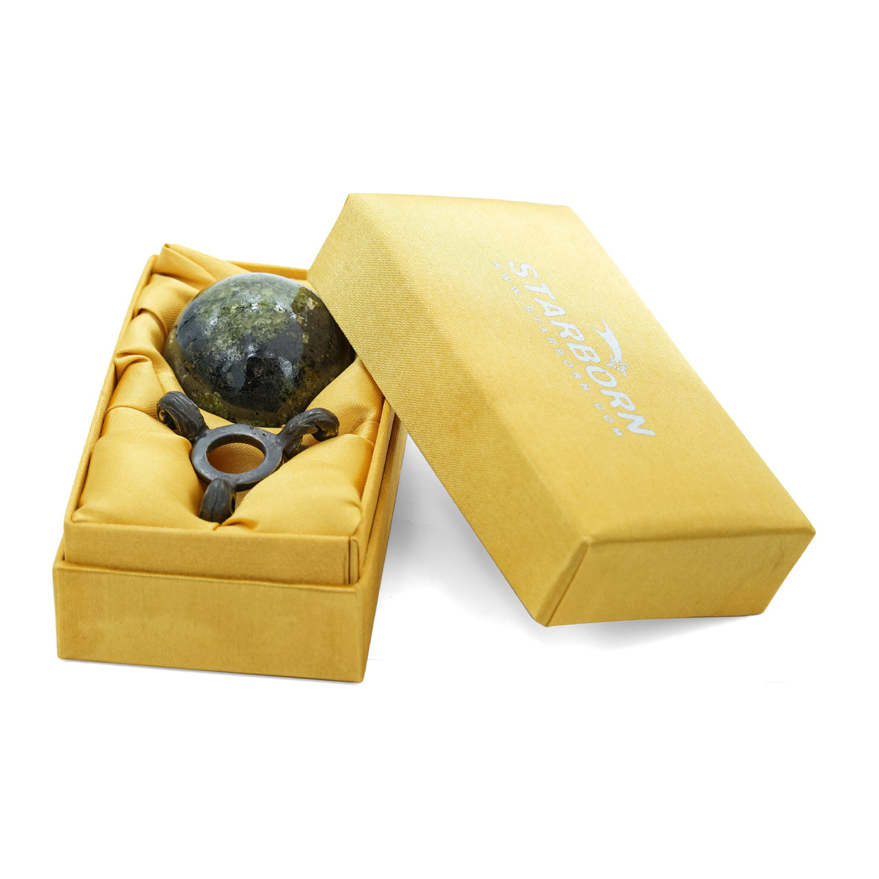 Starborn Arizona Peridot Sphere with Brass Decorative Display Stand – RP - Regular Price