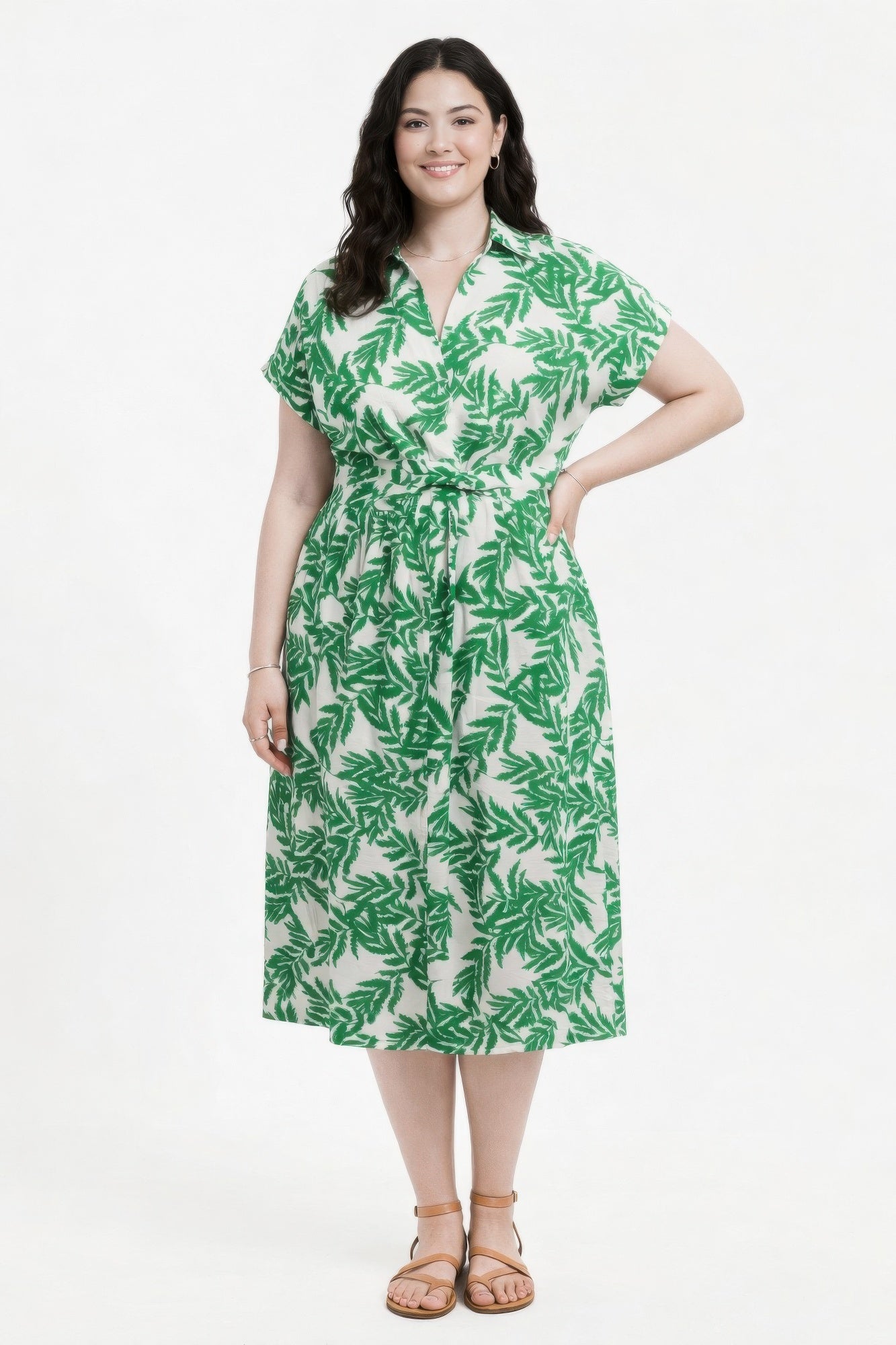 Botanical Print Collared Wrap Waist Midi Dress – 3XL