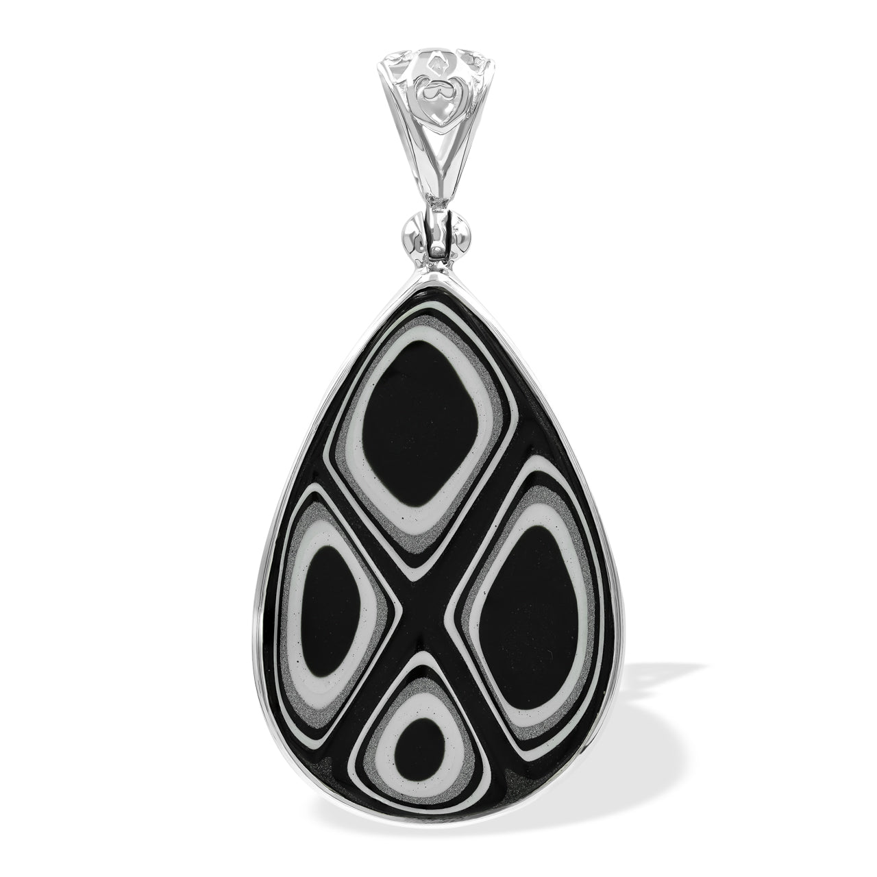 Starborn Black and White Fordite 30mm Pear Pendant in Sterling Silver