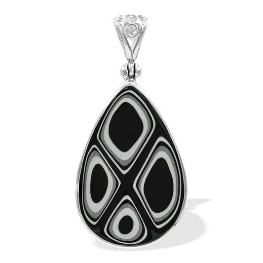 Starborn Black and White Fordite 30mm Pear Pendant in Sterling Silver